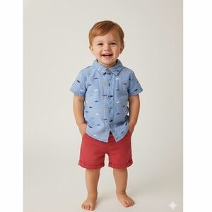 Little Lad Shark Print Shirt & Red Shorts‎ 2pc Outfit Set 18M Baby Boy